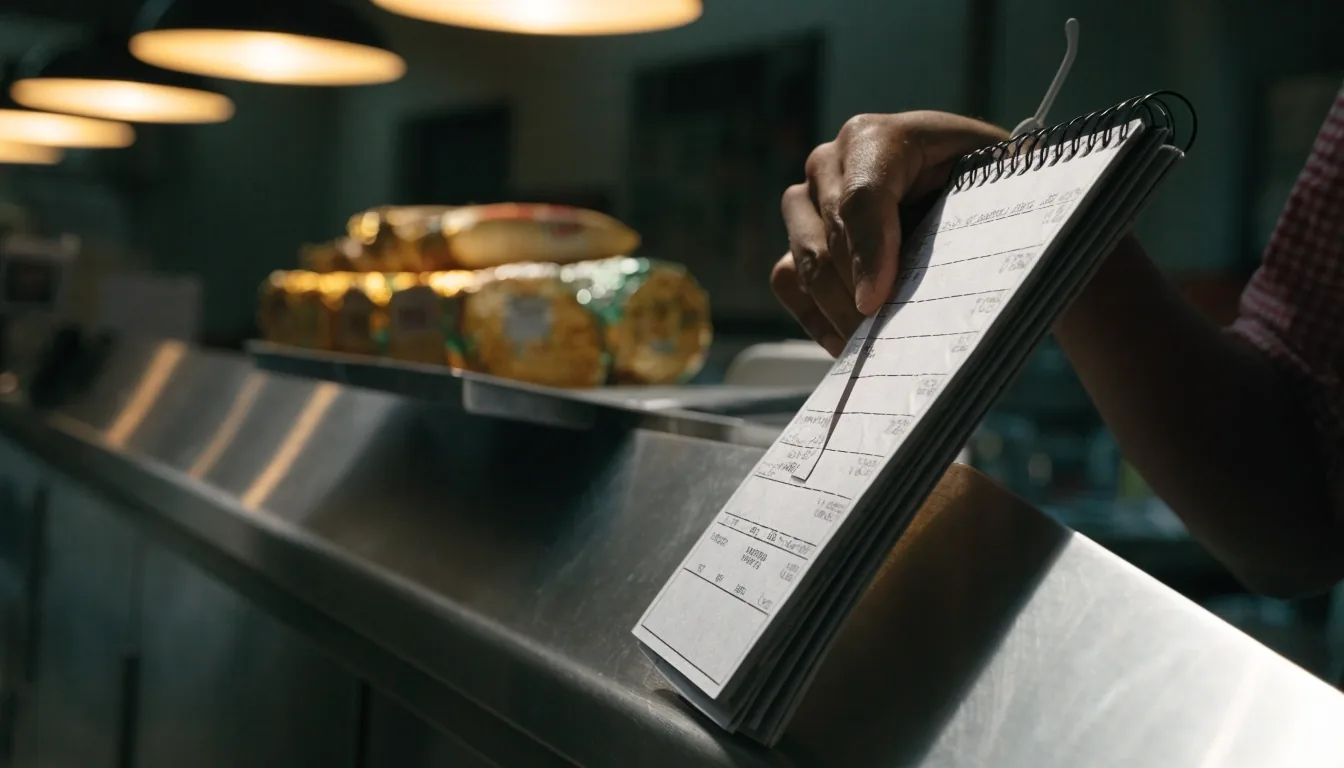 A folded perforated tear-off paper stub on a bare counter under hard noon light