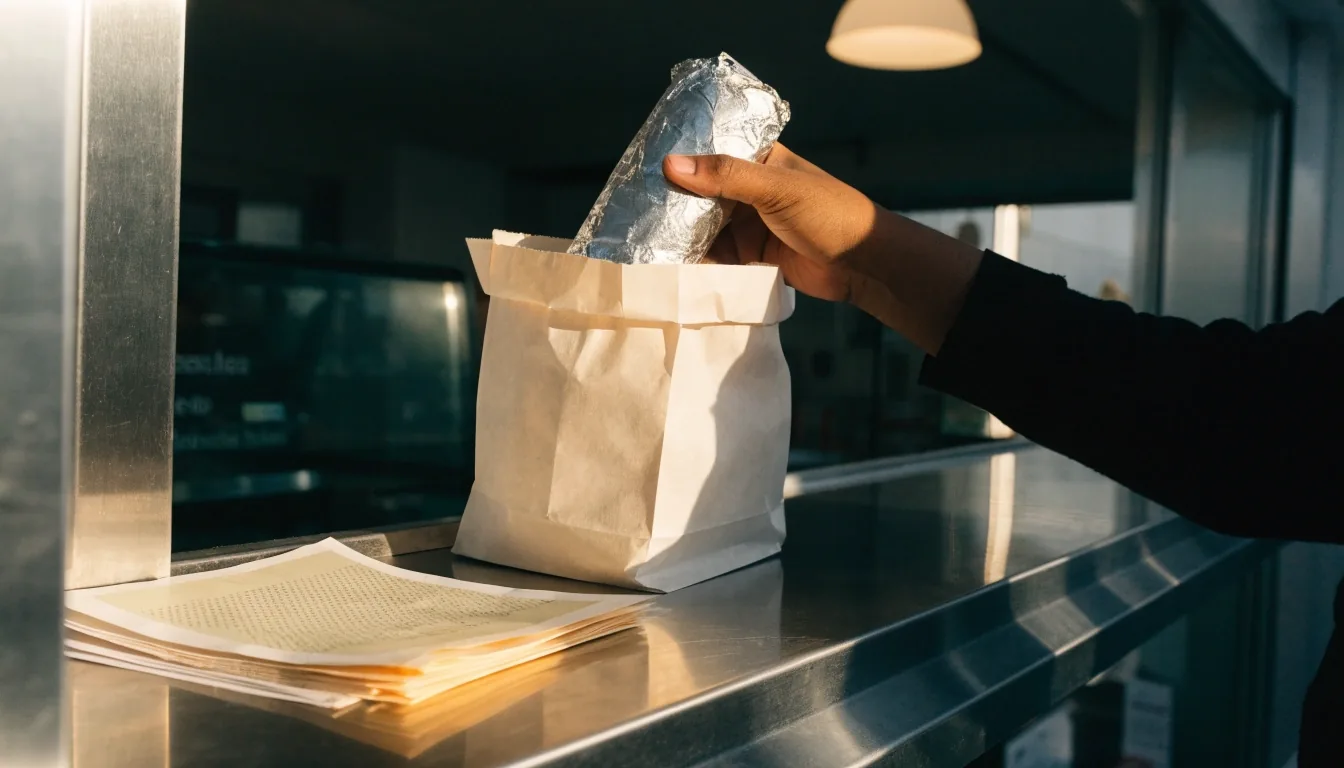 Plain halftone-printed sheets fanned across a counter, one pulled slightly out of the stack