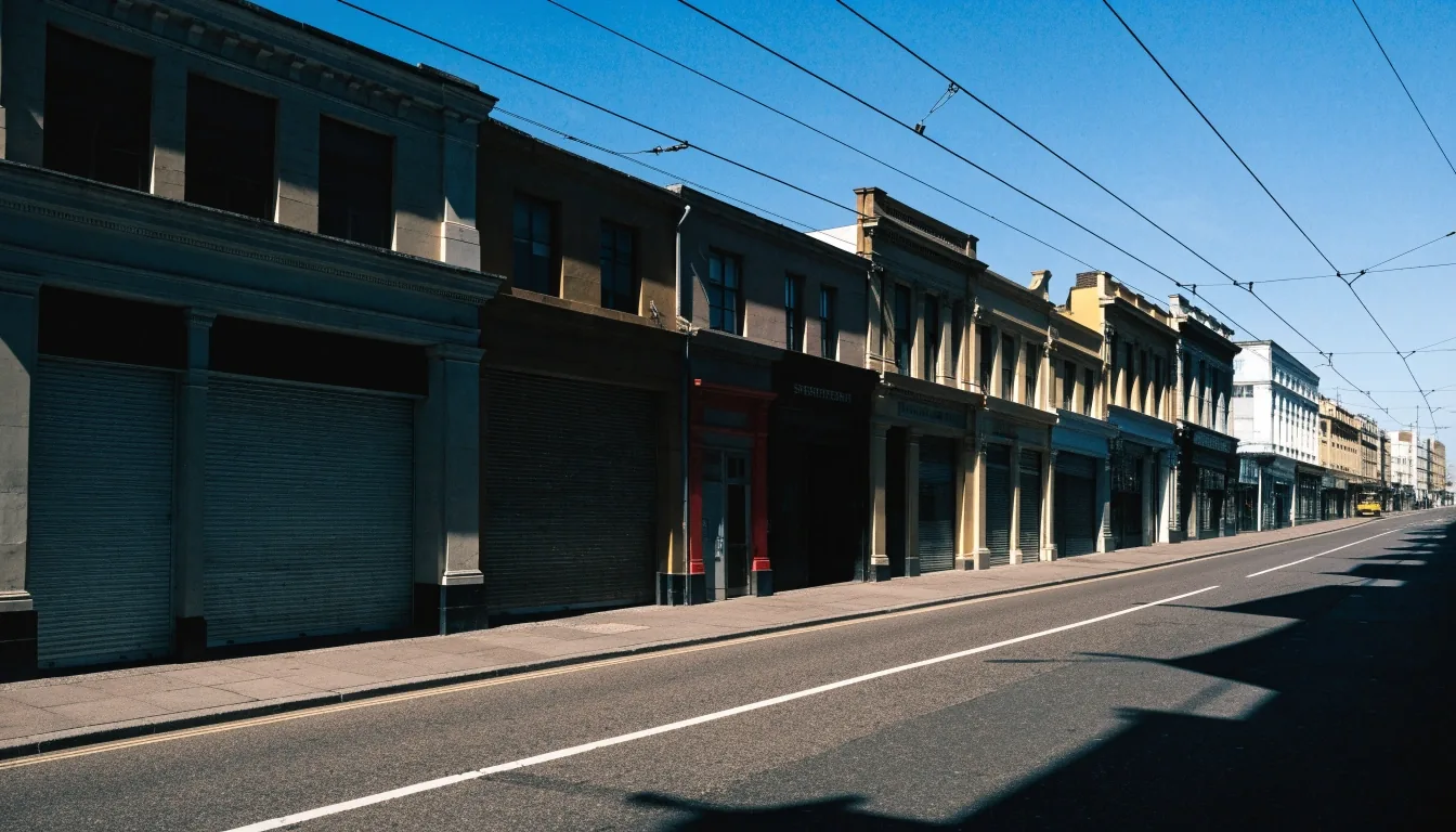 A noon-lit Melbourne street with tram wires and hard shadows along a Spencer Street shopfront row