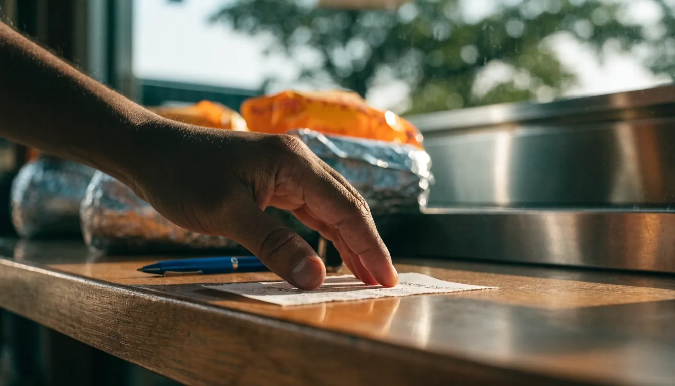 A perforated paper tear-stub resting on a takeaway counter with a pen across the fold line