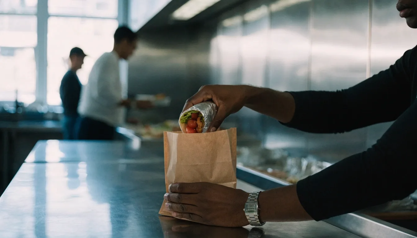 A burrito passed across a counter, a folded delivery bag, and a handoff at a painted front door in midday Melbourne light