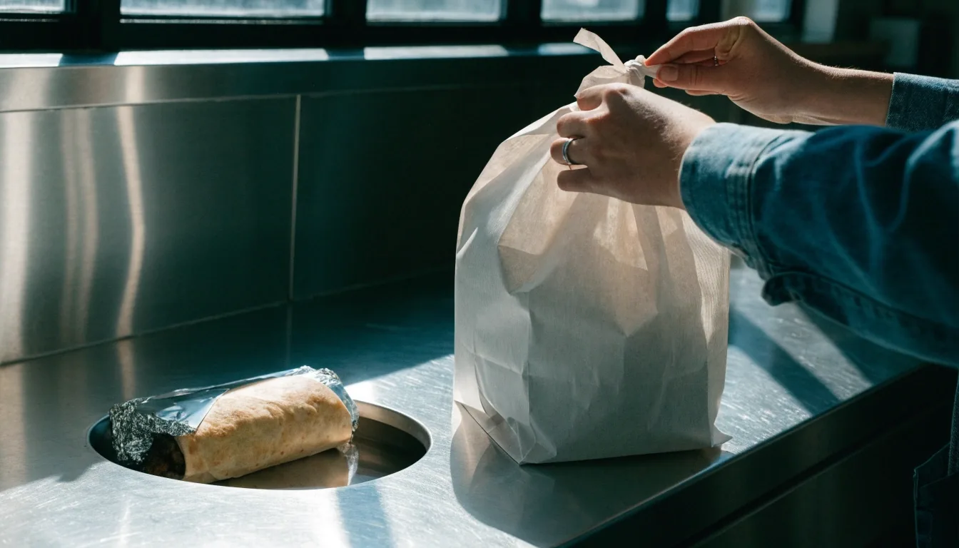 Printed delivery docket and folded paper bag on a counter under noon light