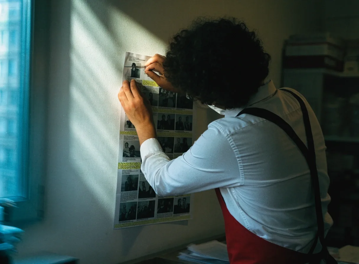 Printed coverage sheet with ruled suburb columns pinned to a wall beside a halftone street photograph