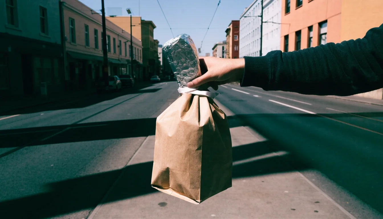 Paper delivery bag carried along a Melbourne street with tram wires overhead at midday
