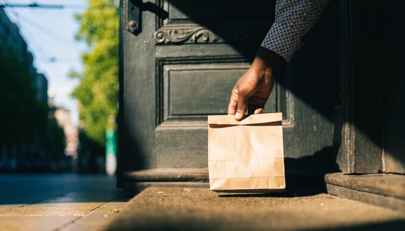 Sealed plain paper bag resting on a Melbourne terrace doorstep in midday light