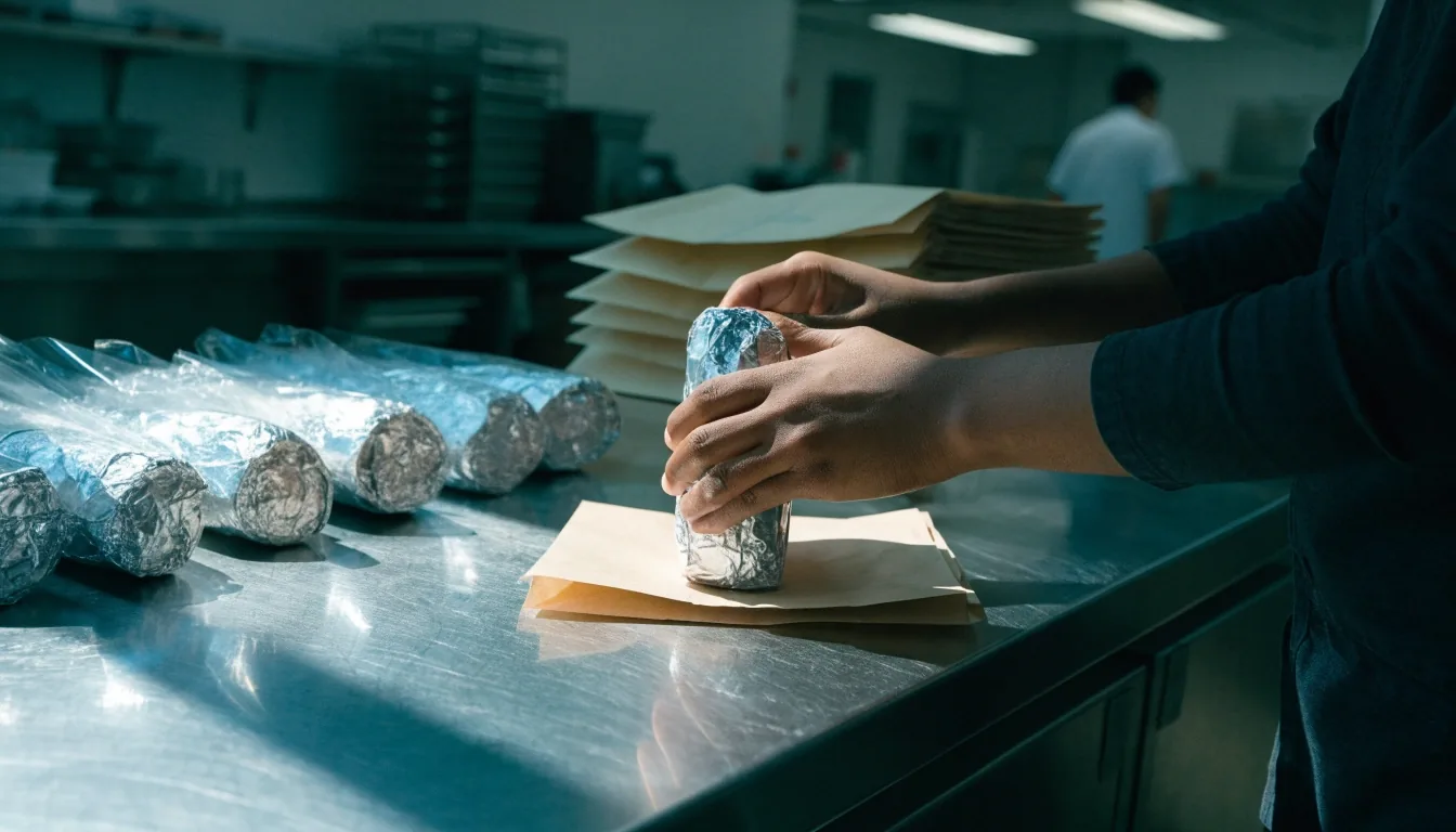Sealed foil wraps and folded paper bags lined up on a busy open kitchen pass