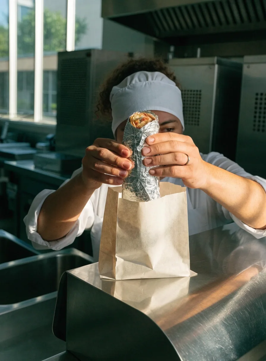 A Guzman y Gomez counter hand tucking a foil-wrapped burrito into a plain paper takeaway bag on a steel counter
