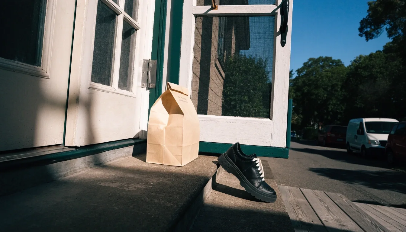 A plain paper takeaway bag resting on the painted doorstep of a Melbourne terrace house