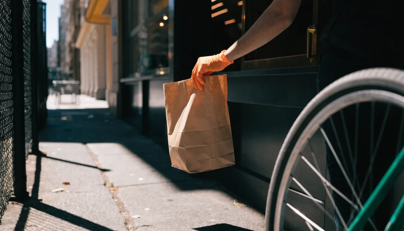 A courier lifting a plain paper takeaway bag from a restaurant pickup shelf beside the pavement