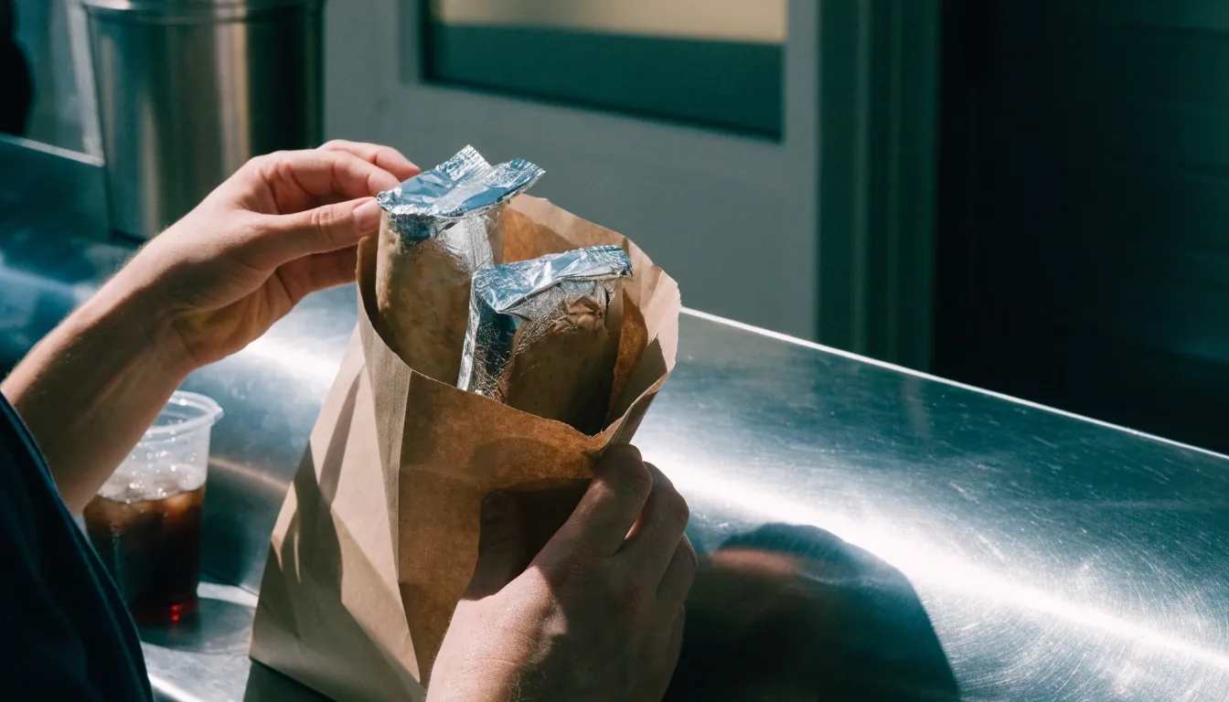 A sealed plain paper takeaway bag with a cold drink cup set apart, on an off-white counter with salsa on the side