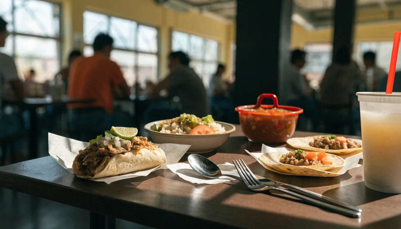 Burrito halves, a bowl and open tacos on plain paper liners with salsa on a casual table