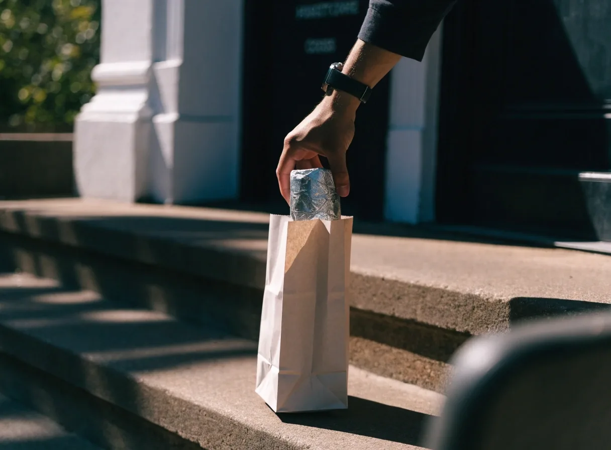 A wrapped burrito at a kitchen pass, a folded paper delivery bag, and a hand reaching for the bag at a doorstep in noon light