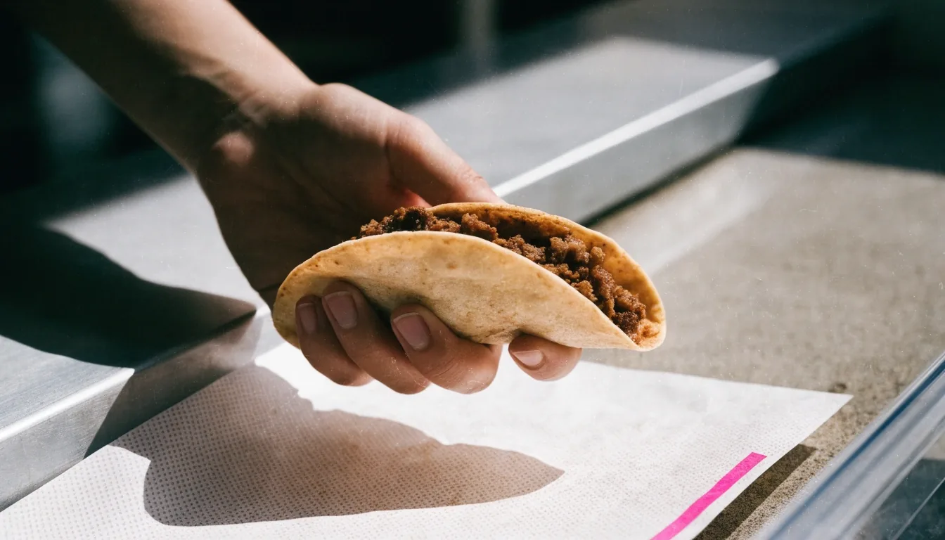 A soft-shell taco held over a plain paper liner in hard noon daylight