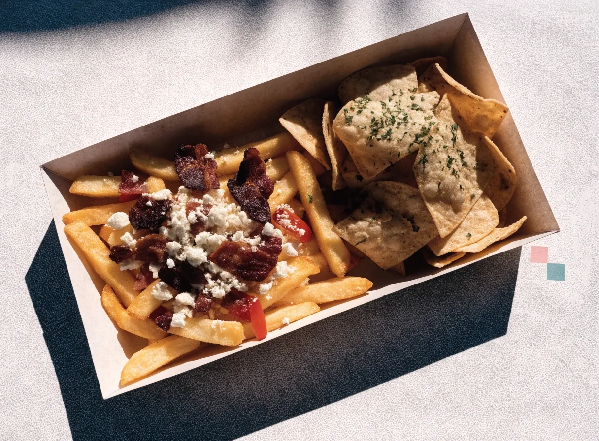 Loaded fries and nachos in an open paper tray on an off-white surface