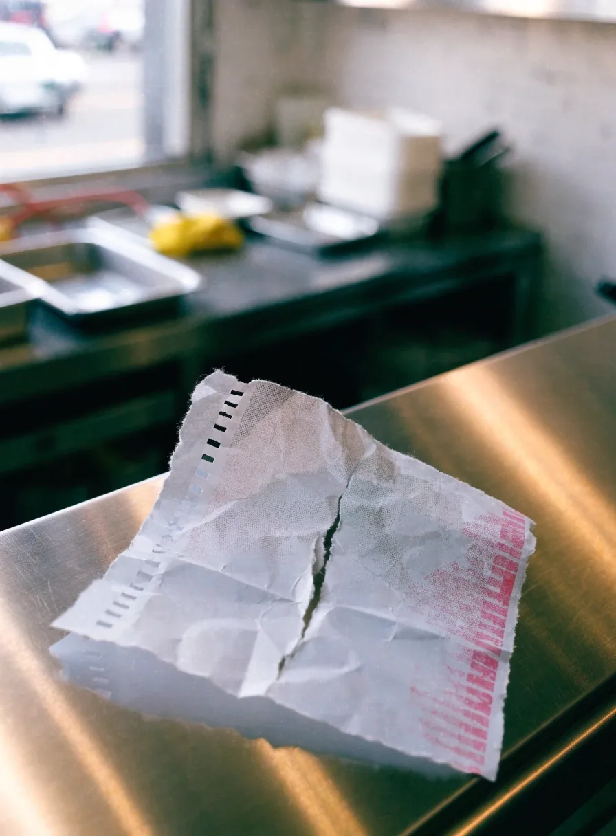 Close-up of a printed takeaway docket resting on plain off-white paper in flat daylight