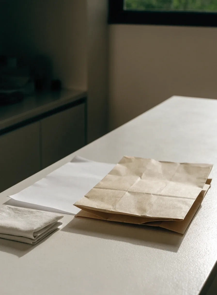 A folded takeaway paper bag and liner resting on a plain counter in daylight
