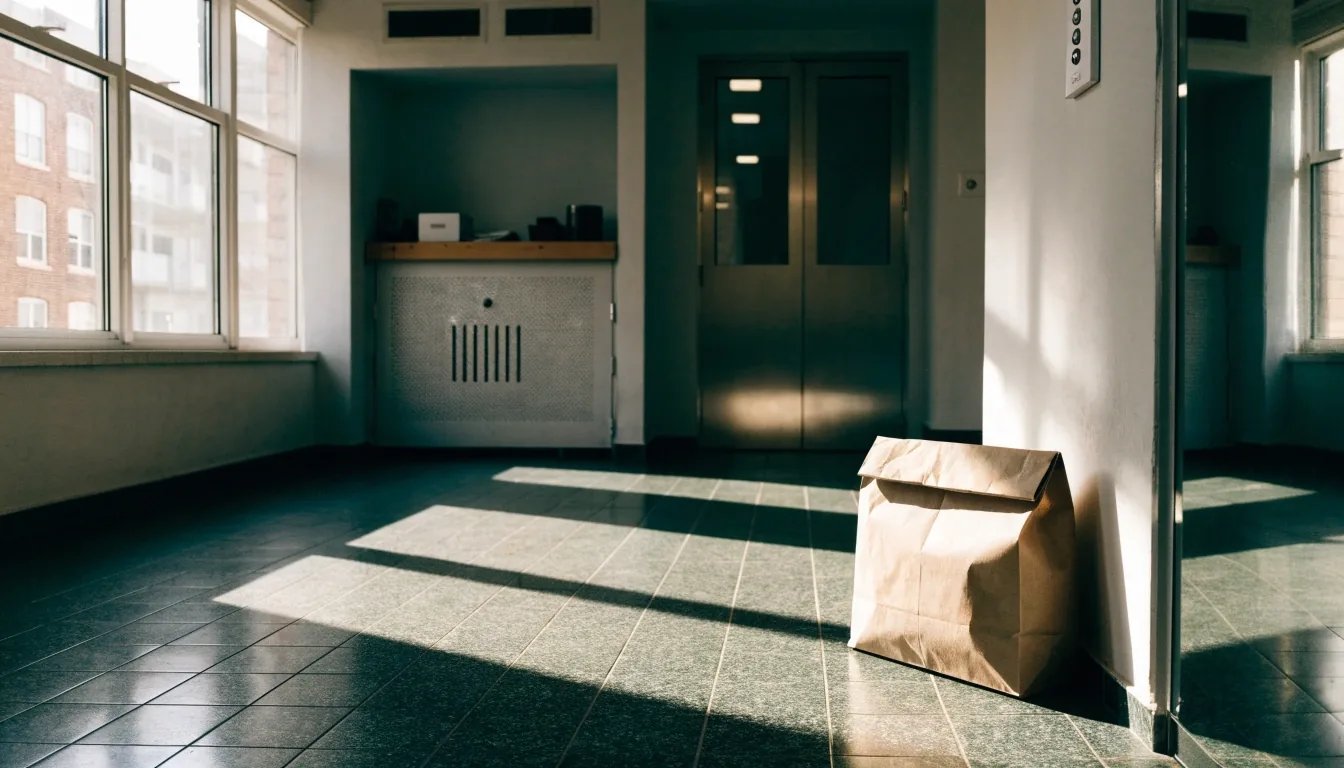 A closed paper takeaway bag resting on a doorstep in hard noon light